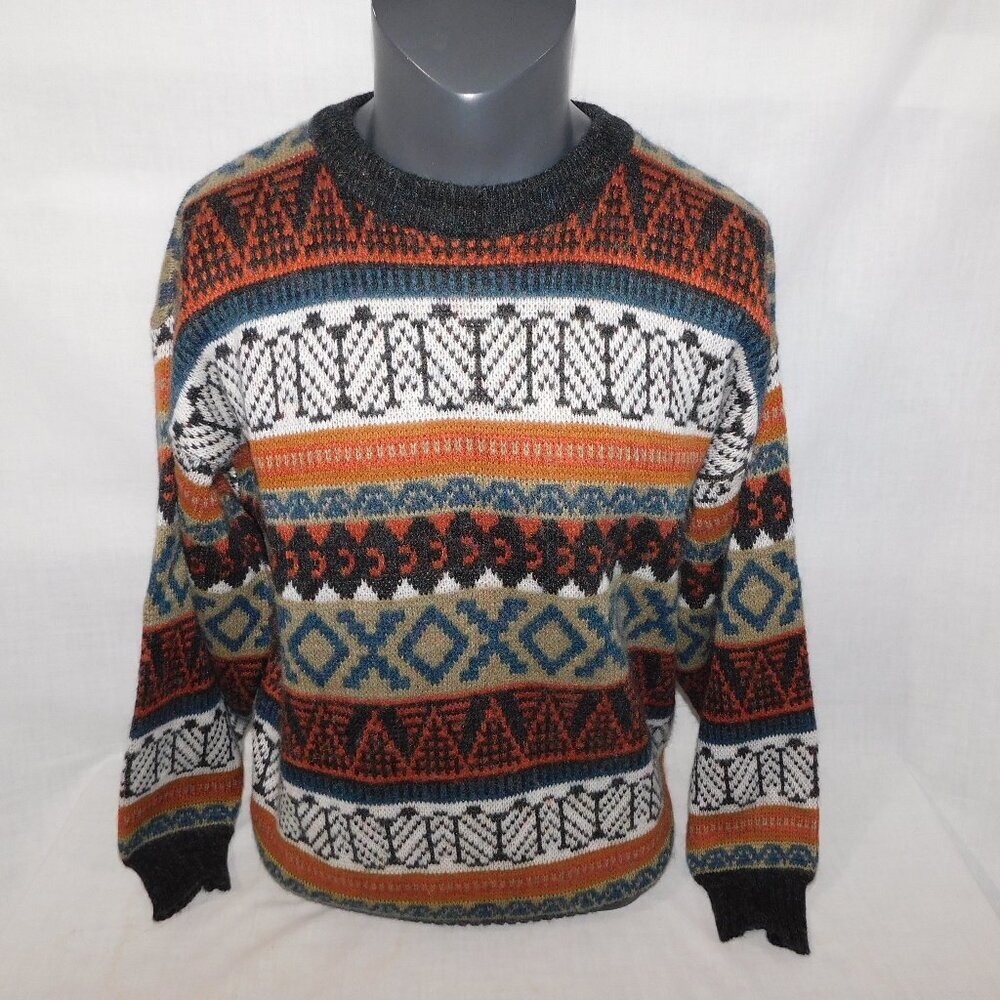 VTG 90s Protocol XO Patterned Crewneck Sweater Brown Orange Blue Mens L